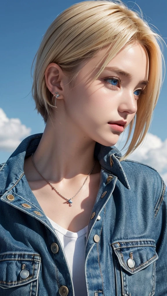 1 Girl, Solitary, Android 18, blond, Blue Eyes, Short hair, Jewelry, earringsSmile, jacket, Sideways gaze, Denim, Denim jacket, Upper body, underwear, Shut up, cloud, sky空, sky, Looking elsewhere, blue sky空, collarb,