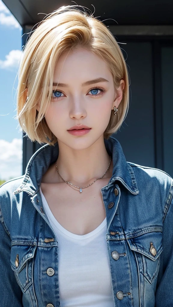 1 Girl, Solitary, Android 18, blond, Blue Eyes, Short hair, Jewelry, earringsSmile, jacket, Sideways gaze, Denim, Denim jacket, Upper body, underwear, Shut up, cloud, sky空, sky, Looking elsewhere, blue sky空, collarb,