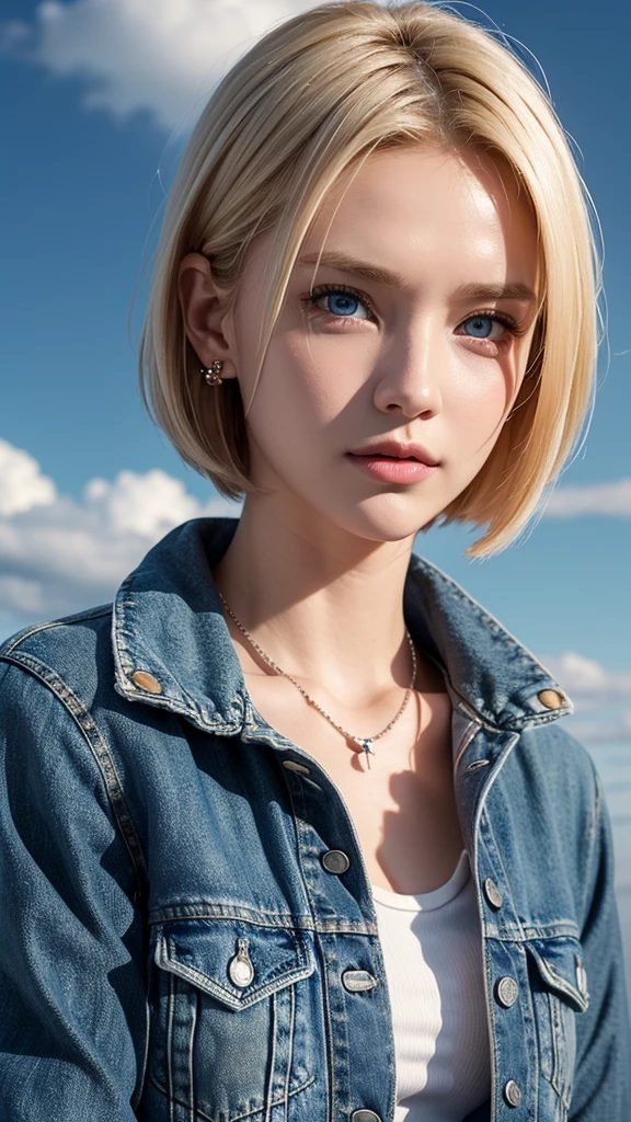 1 Girl, Solitary, Android 18, blond, Blue Eyes, Short hair, Jewelry, earringsSmile, jacket, Sideways gaze, Denim, Denim jacket, Upper body, underwear, Shut up, cloud, sky空, sky, Looking elsewhere, blue sky空, collarb,