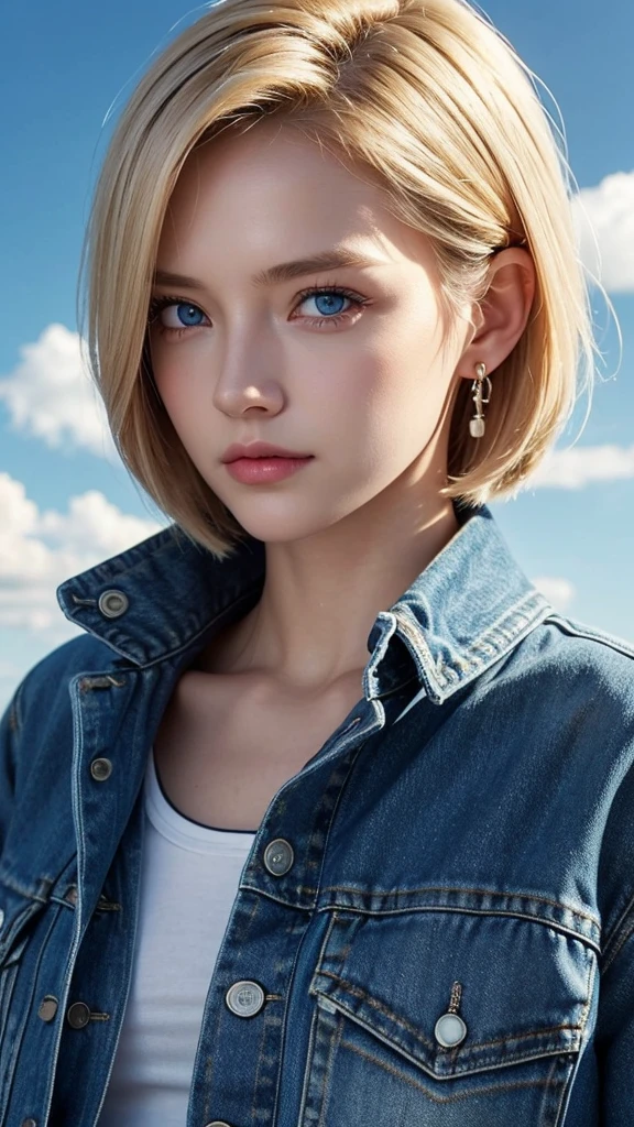 1 Girl, Solitary, Android 18, blond, Blue Eyes, Short hair, Jewelry, earringsSmile, jacket, Sideways gaze, Denim, Denim jacket, Upper body, underwear, Shut up, cloud, sky空, sky, Looking elsewhere, blue sky空, collarb,