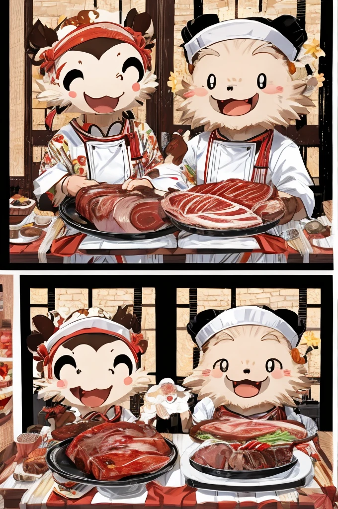 Color Comics、Japanese Manga、Meat dishes、Make the cooking scene into multiple frames、Comical chef werewolf、Straight ahead、Delicious meat cartoon、美味しそうなMeat dishesが出来上がりました、Happy Face、smile、cute、