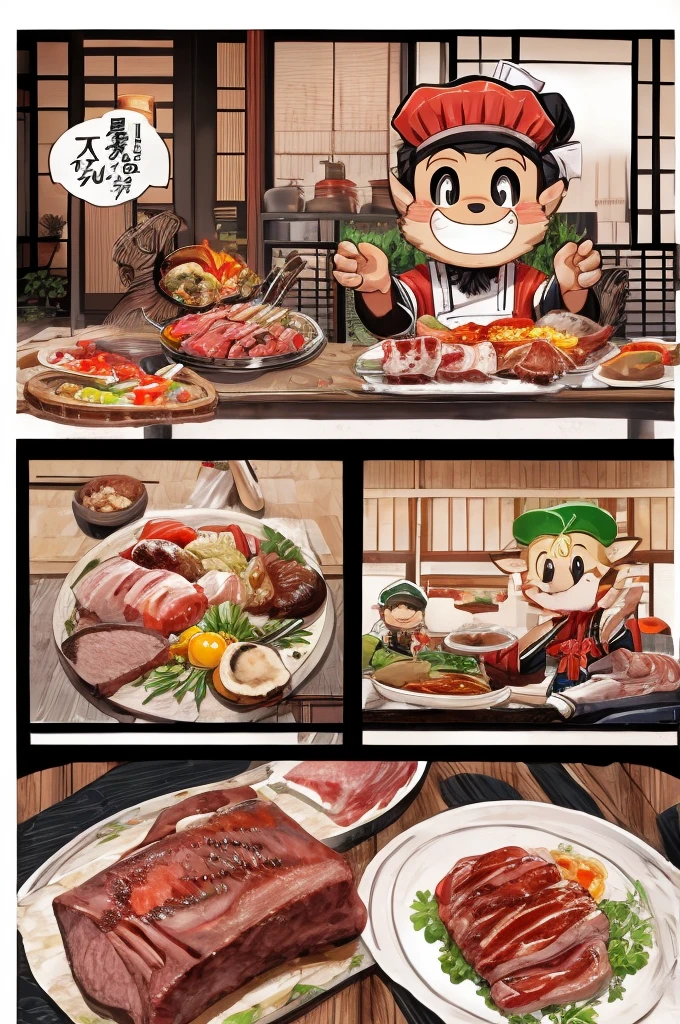 Color Comics、Japanese Manga、Meat dishes、Make the cooking scene into multiple frames、Comical chef werewolf、Straight ahead、Delicious meat cartoon、美味しそうなMeat dishesが出来上がりました、Happy Face、smile、cute、