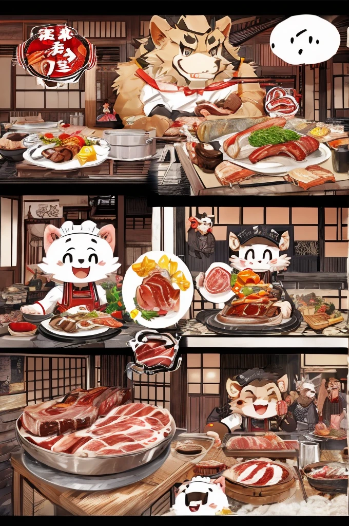 Color Comics、Japanese Manga、Meat dishes、Make the cooking scene into multiple frames、Comical chef werewolf、Straight ahead、Delicious meat cartoon、美味しそうなMeat dishesが出来上がりました、Happy Face、smile、cute、