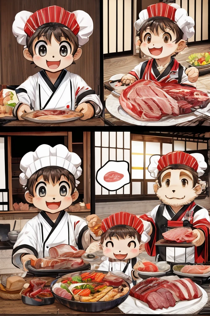 Color Comics、Japanese Manga、Meat dishes、Make the cooking scene into multiple frames、Comical chef werewolf、Straight ahead、Delicious meat cartoon、美味しそうなMeat dishesが出来上がりました、Happy Face、smile、cute、