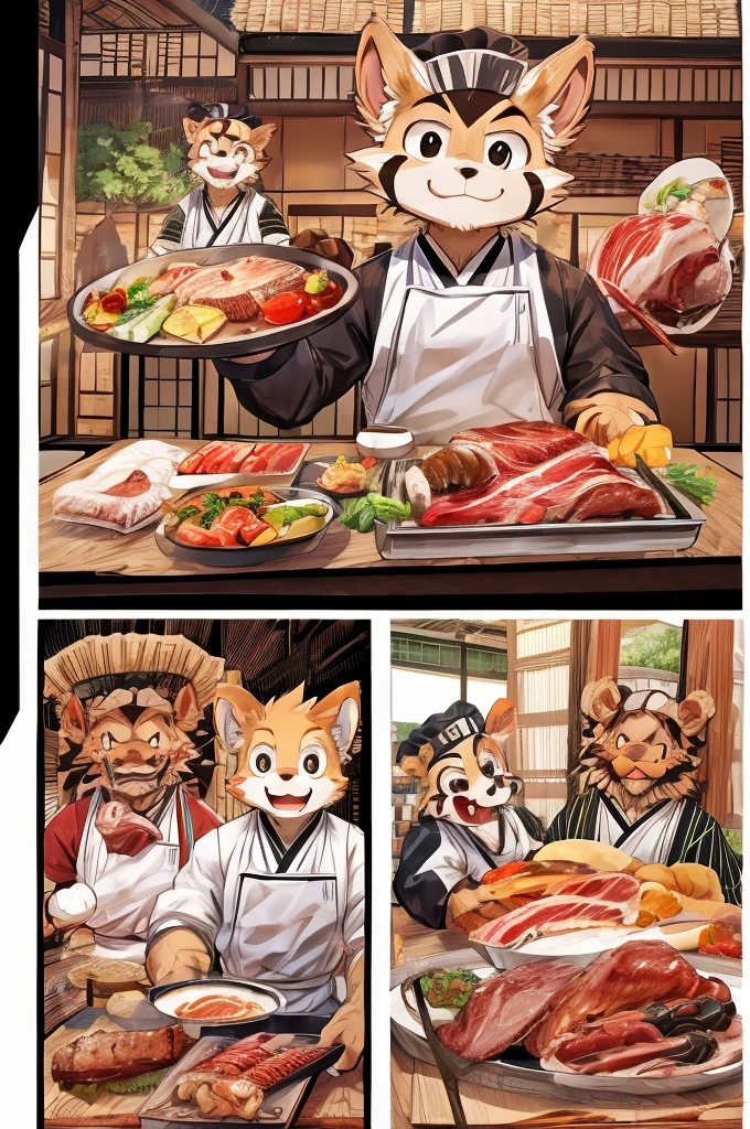 Color Comics、Japanese Manga、Meat dishes、Make the cooking scene into multiple frames、Comical chef werewolf、Straight ahead、Delicious meat cartoon、美味しそうなMeat dishesが出来上がりました、Happy Face、smile、cute、