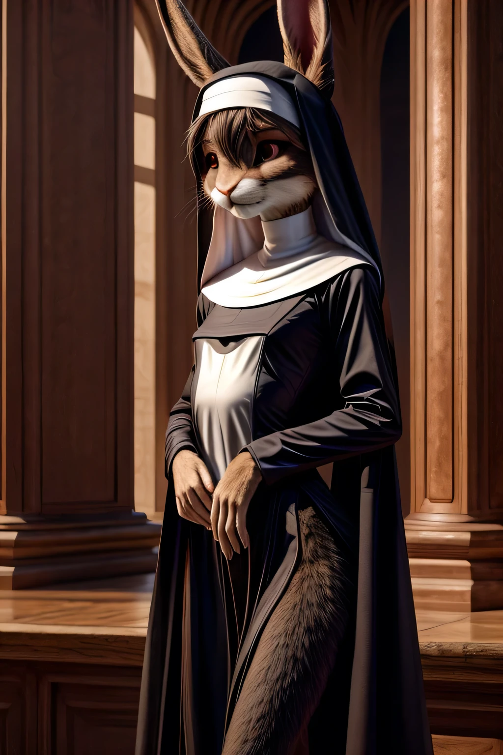 rabbit, man, black fur, Red Eyes, soft drooping ears, Slim, painfully thin, anorexia, bony, dressed like a nun, short female nun&#39;s cassock, dressed in white transparent stockings, folded his hands in prayer