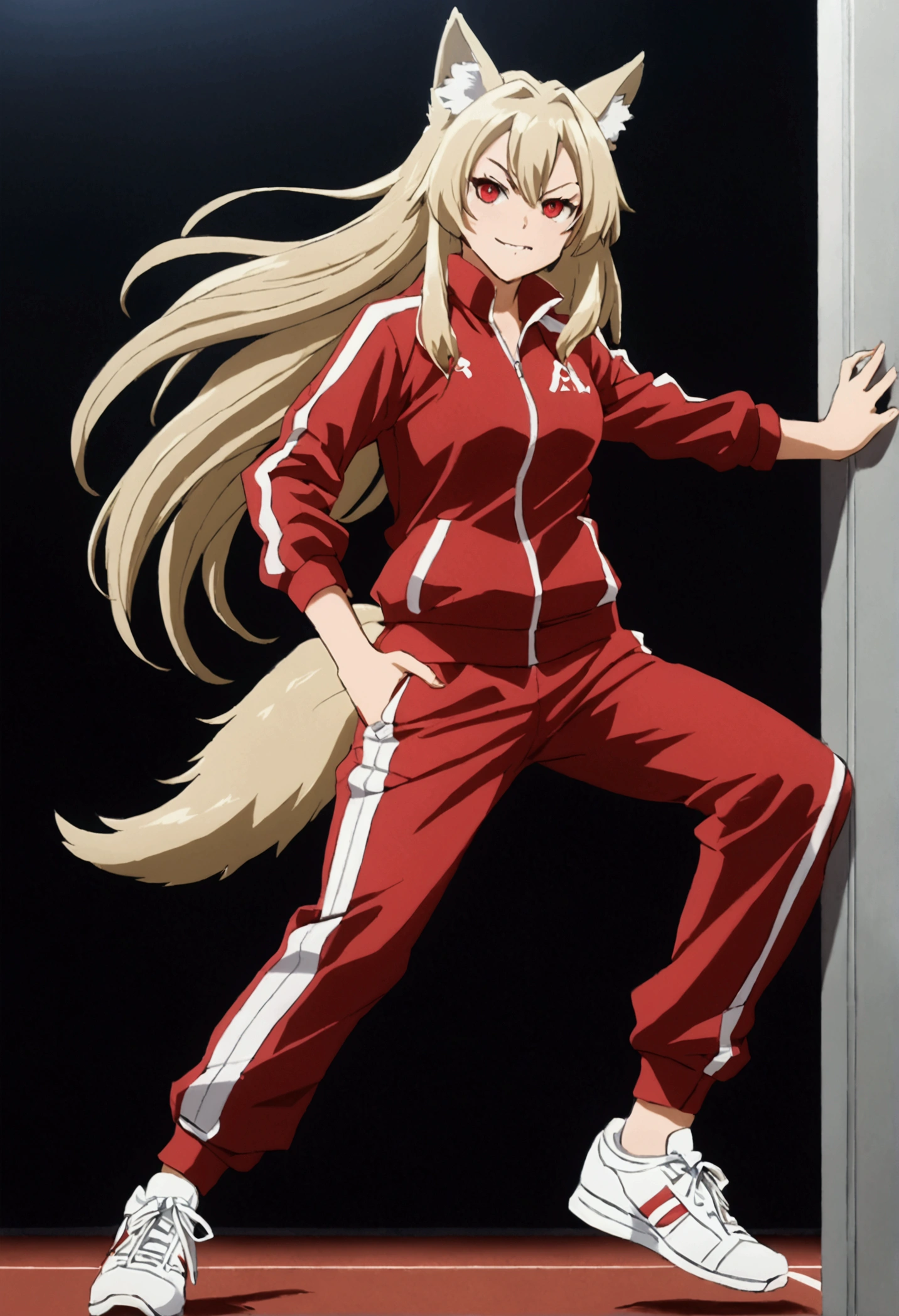 1 chica My hero academi, Long hair, ash blonde, crimson red eyes, Wolf ears, wolf tail, UA tracksuit, white tennis shoes, fangs,with a defiant smile,looking at the viewer 