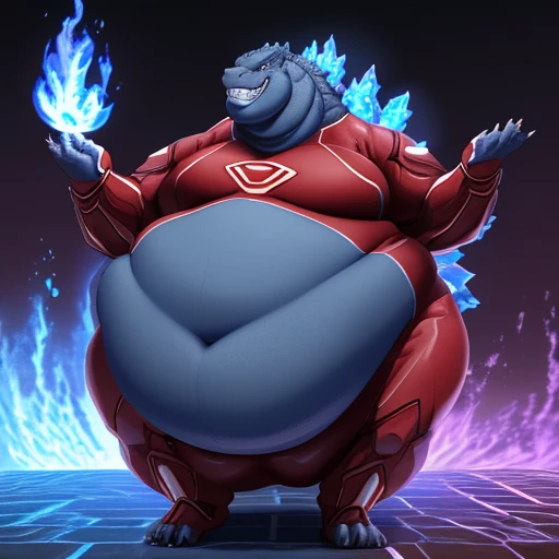 (solo:1.3) fat muscular (godzilla:1.3), (cocky grin:1.4), (emitting violet-blue flames:1.6), (elegant red superhero suit:1.5) (armored suit:1.6), (obese belly:1.8), (hands lifted up:1.3), (legs spread:1.5), (bedroom:1.5) (standing on floor:1.4), 8k, 1080P, masterpiece