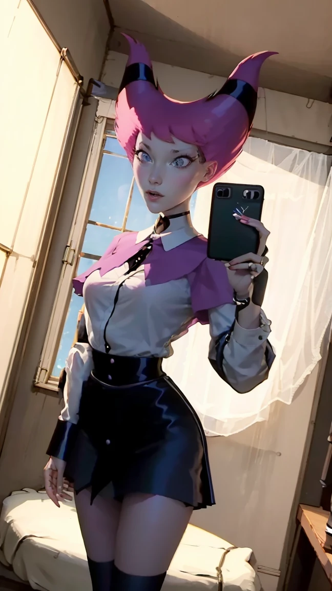 jinx, very beautiful, green eyes, Long straight hair tied up and forming two pink ponytails, very giant breasts , shaped legs, very large buttocks , ((He is in his room taking a selfie)) ((dressed in a white button-down shirt and a short, wide, checked skirt and black shoes with very long white thigh-high stockings)), posing very sexy and sensual, Very nice room with a large window, good lighting, 4k resolution