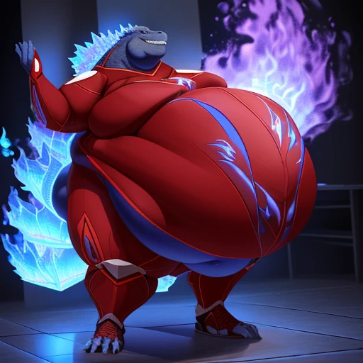 (solo:1.3) fat muscular (godzilla:1.3), (cocky grin:1.4), (emitting violet-blue flames:1.6), (elegant red superhero suit:1.5) (armored suit:1.6), (obese belly:1.8), (hands lifted up:1.3), (legs spread:1.5), (bedroom:1.5) (standing on floor:1.4), 8k, 1080P, masterpiece