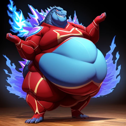 (solo:1.3) fat muscular (godzilla:1.3), (cocky grin:1.4), (emitting violet-blue flames:1.6), (elegant red superhero suit:1.5) (armored suit:1.6), (obese belly:1.8), (hands lifted up:1.3), (legs spread:1.5), (bedroom:1.5) (standing on floor:1.4), 8k, 1080P, masterpiece