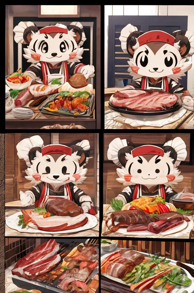 Color Comics、Japanese Manga、Meat dishes、Make the cooking scene into multiple frames、Comical chef werewolf、Straight ahead、Delicious meat cartoon、美味しそうなMeat dishesが出来上がりました、Happy Face、smile、cute、