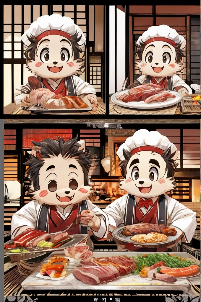 Color Comics、Japanese Manga、Meat dishes、Make the cooking scene into multiple frames、Comical chef werewolf、Straight ahead、Delicious meat cartoon、美味しそうなMeat dishesが出来上がりました、Happy Face、smile、cute、