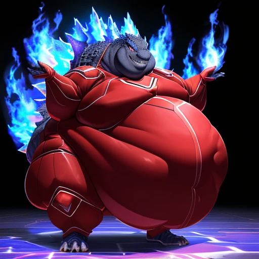 (solo:1.3) fat muscular (godzilla:1.3), (cocky grin:1.4), (emitting violet-blue flames:1.6), (elegant red superhero suit:1.5) (armored suit:1.6), (obese belly:1.8), (hands lifted up:1.3), (legs spread:1.5), (bedroom:1.5) (standing on floor:1.4), 8k, 1080P, masterpiece