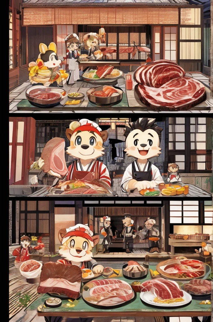 Color Comics、Japanese Manga、Meat dishes、Make the cooking scene into multiple frames、Comical chef werewolf、Straight ahead、Delicious meat cartoon、美味しそうなMeat dishesが出来上がりました、Happy Face、smile、cute、