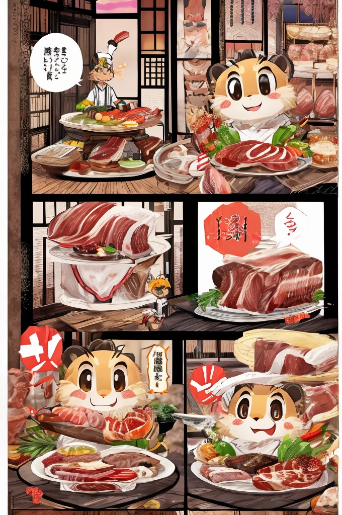 Color Comics、Japanese Manga、Meat dishes、Make the cooking scene into multiple frames、Comical chef werewolf、Straight ahead、Delicious meat cartoon、美味しそうなMeat dishesが出来上がりました、Happy Face、smile、cute、