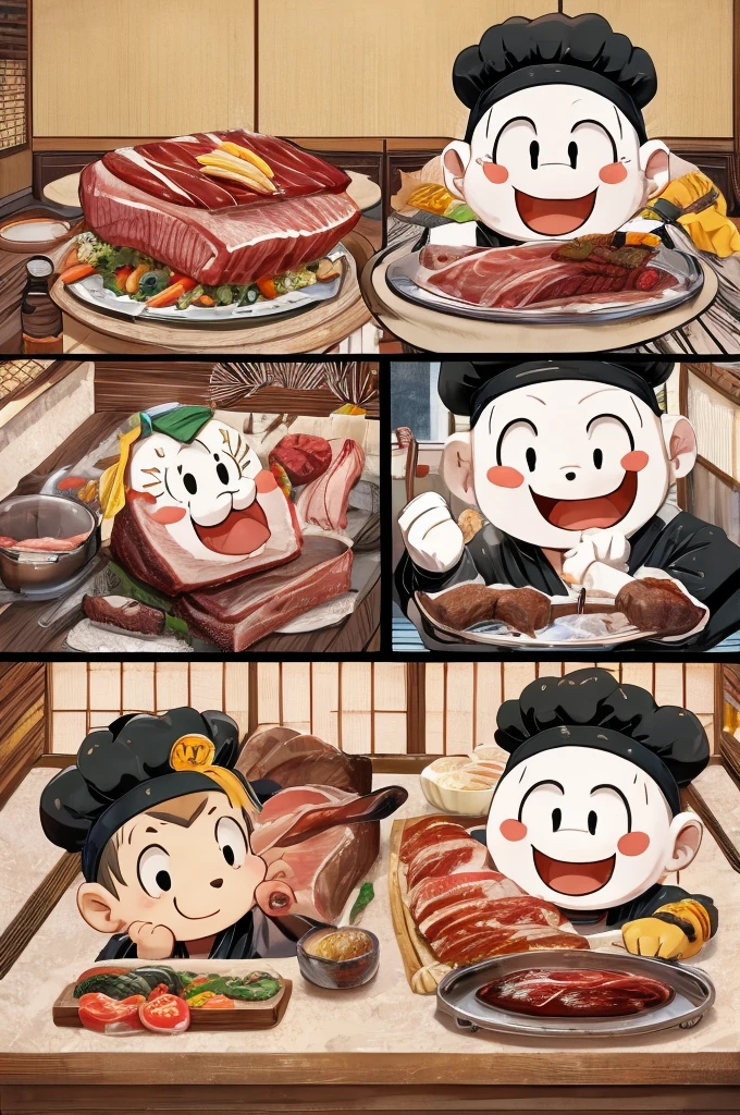 Color Comics、Japanese Manga、Meat dishes、Make the cooking scene into multiple frames、Comical chef werewolf、Straight ahead、Delicious meat cartoon、美味しそうなMeat dishesが出来上がりました、Happy Face、smile、cute、