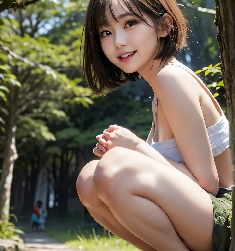 Best Quality、8k、No makeup、masterpiece、Ultra-high resolution、Clear Photo、Professional Writing、Natural Light、(Very cute girl、beautiful girl、Cute Yoda Yuki、The cutest in the world)、、Small Faceasts、I can see her cleavage、Ultra slim、Narrow waist、Slender body、(Very short hair:1.6)、Brown Hair:1.8、Beautiful Hair、Thin legs、smile、In the forest、tree々Surrounded by、(LandscapeでSquat:1.6、sit、Landscape、Squat、Shooting from the side)、(White panties are visible)