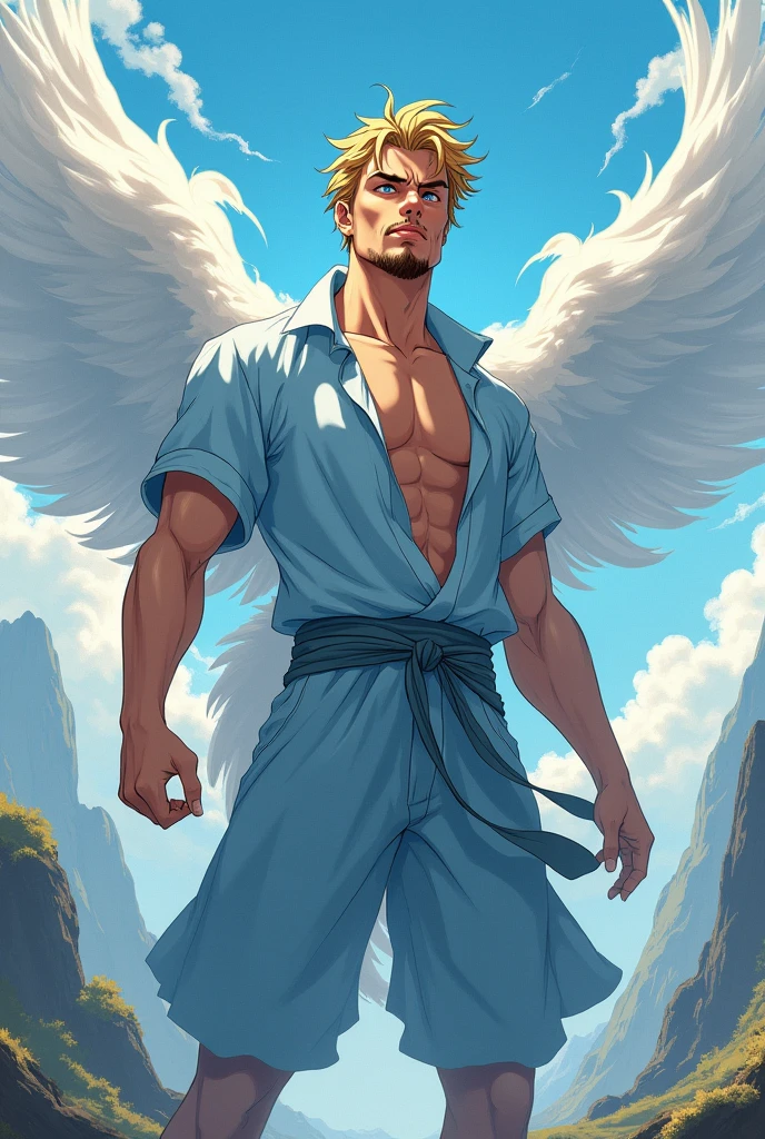 nsfw 32k,masterpiece, best quality, detailed face, natural eyes,1man, solo mature man, muscled and mature, stephen amell as an angel , totally naked wearing a see thru transparent robe with golden embroidery , wearing 2 very big angel's wings , showing muscles and cock ,floating and flying in the sky with clouds , full body, intricate Detailed background
