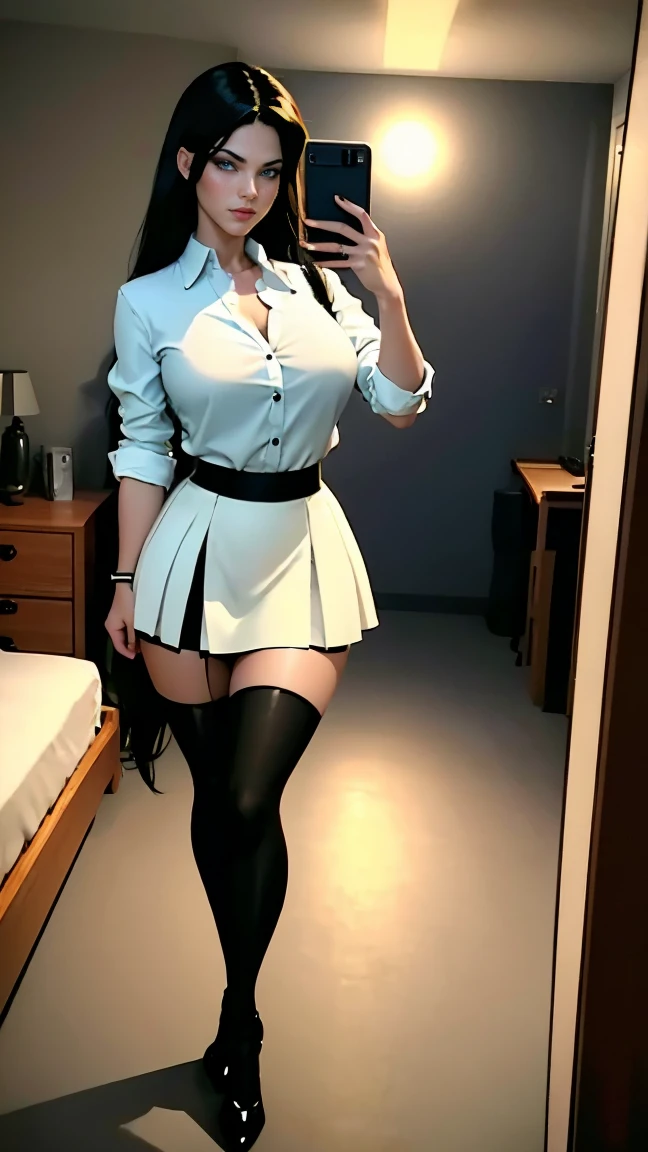 Volcana, very beautiful, blue eyes, long straight black hair, very giant breasts , shaped legs, very large buttocks , ((He is in his room taking a selfie)) ((dressed in a white button-down shirt and a short, wide, checked skirt and black shoes with very long white thigh-high stockings)), posing very sexy and sensual, Very nice room with a large window, good lighting, 4k resolution