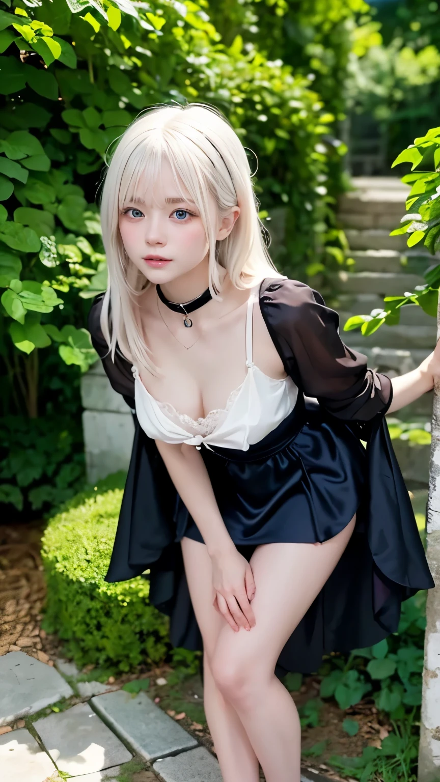 One Girl、anatomy、Angle above the knee、albino:1.3、Unparalleled beauty、Only 、Silky white hair、Clear blue eyes、Fuller lips、Long black dress、Black choker、Sapphire Pendant、Standing、Beautiful Skin、Dark Skin、small胸、that&#39;that&#39;small、silence、RAW Photos、Best Quality、ultra High resolution、High resolution、masterpiece:1.3、８ｋ、Professional Photographer、
