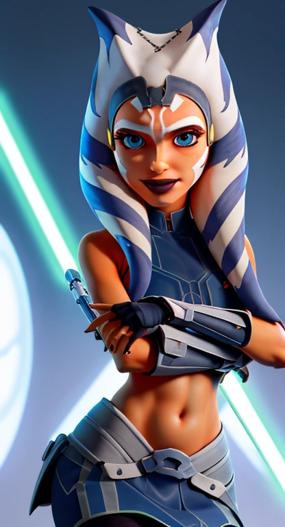 (masterpiece top quality, super detailed),Ahsoka Tano,(orange skin:1.2),sexy,young,teen,,blue eyes,makeup,small chest,blue shirt,arm guards,fingerless gloves,hip armor,blue skirt,blue leggings,anime/manga character wearing girl's clothes,standing,looking at the viewer,wearing a white and grey striped headpiece,covering her ears and part of her forehead,adorned with a brown sleek headband. ,Her skin is a warm dark brown,with striking white makeup on her face. ,Her forehead has a distinctive diagonal stripe pattern. ,Her cloak is textured as if made of thick fabric. ,Of a wool-like material,adding to her regal and dignified appearance. ,She has her hands folded in front of her chest:1.3,wearing a black glove on her left hand. ,wearing a small round device on her wrist. Smiling, Stunning Face, Detailed Eyes and Face, Detailed Body, Detailed Skin, (Glowing Green Lightsaber), (Masterpiece), (High Aesthetics), (Absolute Resolution)