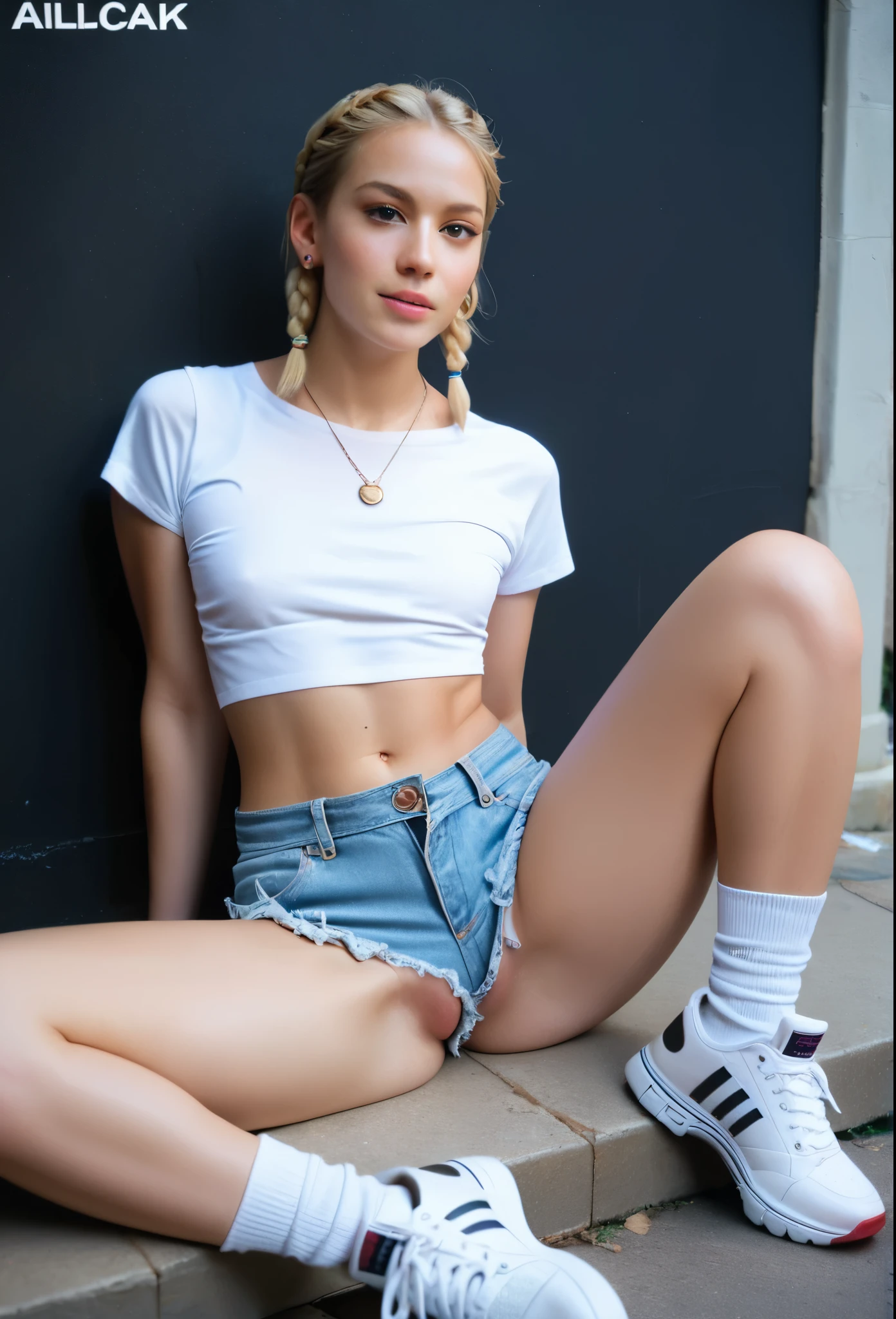 (best quality,4k,highres,ultra-detailed,realistic:1.2), 1 girl,short hair with braids, flat chest, fitted white cropped t-shirt, cropped shorts, open fly, earrings , necklace, sitting on the concrete in the street, white socks and sneakers, spread legs