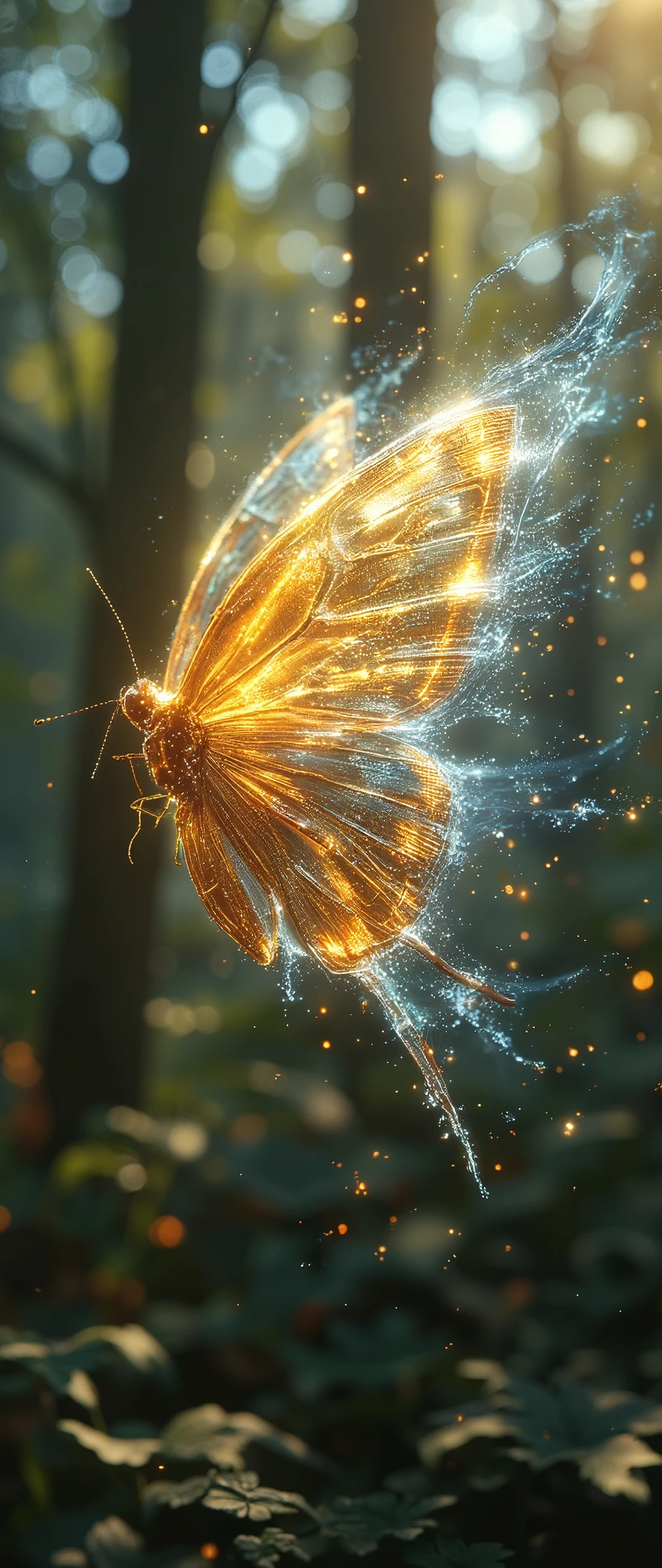 A digital art of a butterfly with wings made of shattered glass, each fragment reflecting the natural landscape of a forest. The glass wings sparkle in the sunlight, creating a delicate balance between fragility and strength. Nature's beauty is captured within the broken pieces. Created Using: abstract realism, glass reflection techniques, natural landscape, vibrant colors, light refraction, ethereal atmosphere, delicate details, photorealism --ar 2:3 --v 6.0