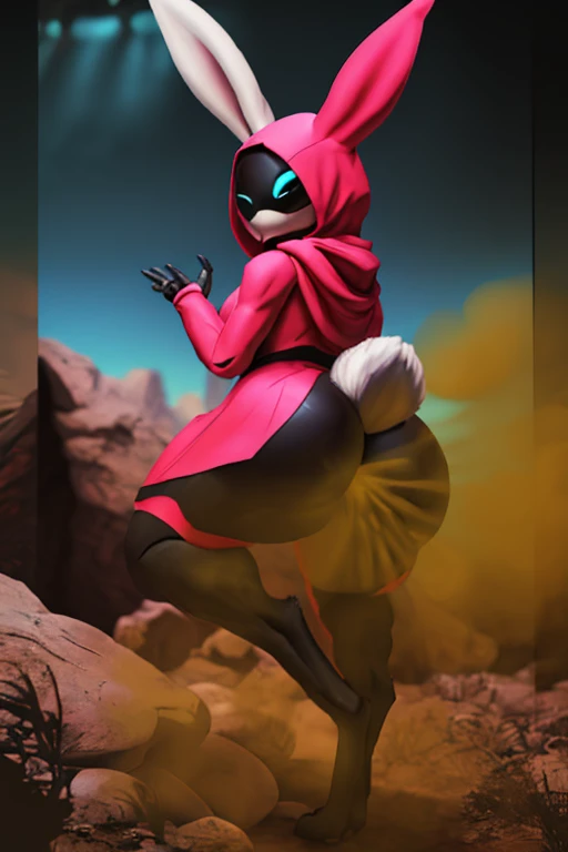 Robot girl, hips, wearing a hood with a cape, perched on a rock, beautiful thighs, ((curvaceous butt)), captivating legs, featureless mask, short, one person, (best quality,4k,8k,highres,masterpiece:1.2), ultra-detailed, (realistic,photorealistic,photo-realistic:1.37), HDR, UHD, studio lighting, ultra-fine painting, sharp focus, physically-based rendering, extreme detail description, professional, vivid colors, bokeh, portraits, landscape, horror, anime, sci-fi, photography, concept artists, warm color tone, vibrant lighting,(fart,farts,farting), ((digitigrade legs)), ((cotton tail)), clawed hands, ((bunny eared hood)), 