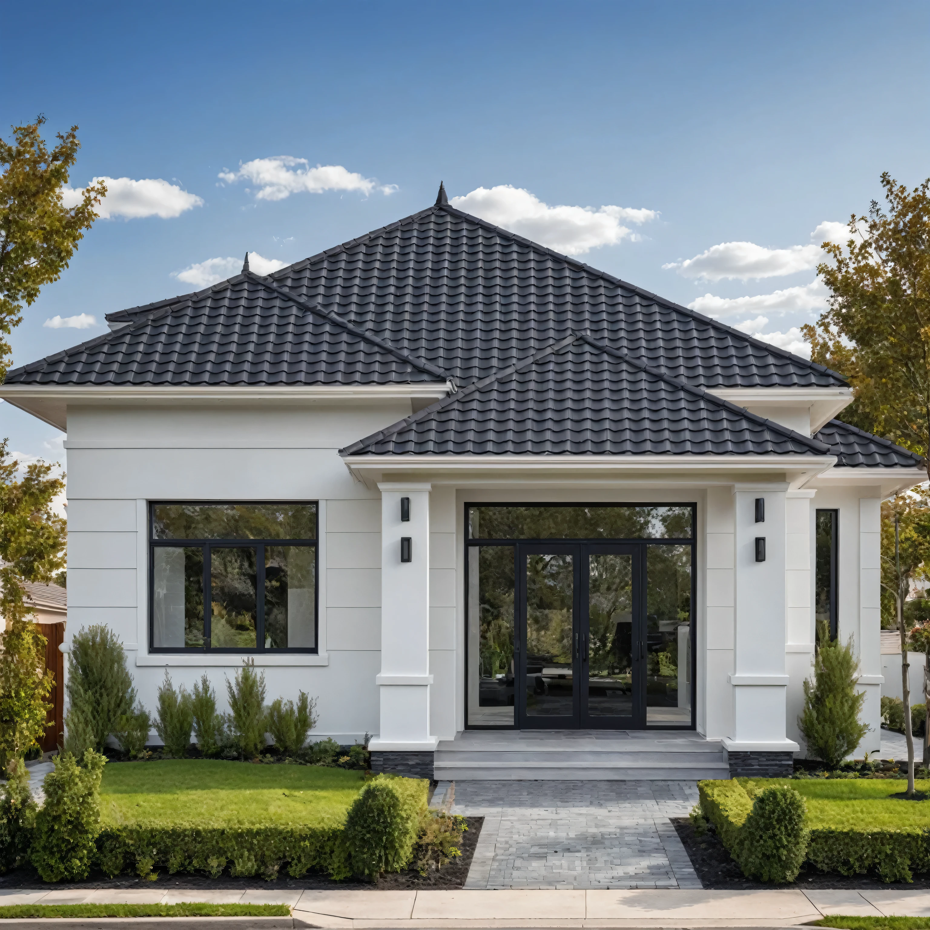 (masterpiece:1.2), best quality, photo of A two-story modern house with white walls and dark gray tiles on the roof., tree and plant, streetcapes, natural light, The exterior of an elegant single family home features large windows, a dark gray door frame.