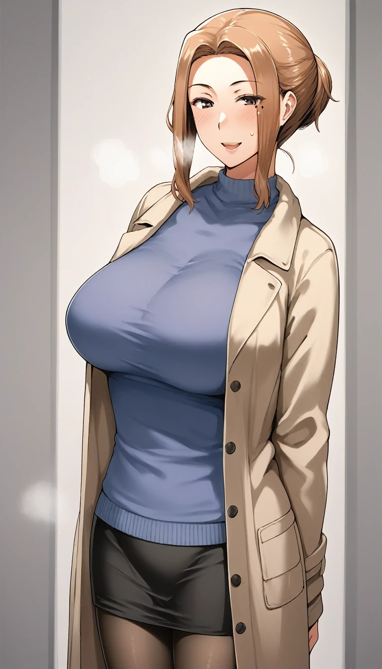 Score_9, Score_8_up, Score_7_up, Score_6_up, Score_5_up, Score_4_up, Yuhee, brown eye, black hair, length hair, big chest, Mature Woman, One girl, Pantyhose, Alone, 大きなchest, skirt, Coat, open_mouth, big_chest, open_Coat, black_網eyeのPantyhose、mole, black_Coat, mole_Down_mouth, 前hair, purple_skirt, length_hair, black_sweater, 大きなchestの谷間、大きなchest元のsweater, Pleats_skirt, open_Clothes, smile, sweater, length_sleeve, shirt, sweatdrop, miniskirt,  One girl, length_hair, , sweat, purple_eye, brown_hair, collarbonelipspurple_hair, smile, Alone、A mature woman I met on a dating app asked me if I wanted to go to a hotel.、((sweat,steam, Down品))、((While looking at the smartphone、In front of the love hotel、Night、))