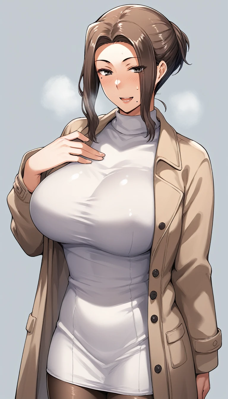 Score_9, Score_8_up, Score_7_up, Score_6_up, Score_5_up, Score_4_up, Yuhee, brown eye, black hair, length hair, big chest, Mature Woman, One girl, Pantyhose, Alone, 大きなchest, skirt, Coat, open_mouth, big_chest, open_Coat, black_網eyeのPantyhose、mole, black_Coat, mole_Down_mouth, 前hair, purple_skirt, length_hair, black_sweater, 大きなchestの谷間、大きなchest元のsweater, Pleats_skirt, open_Clothes, smile, sweater, length_sleeve, shirt, sweatdrop, miniskirt,  One girl, length_hair, , sweat, purple_eye, brown_hair, collarbonelipspurple_hair, smile, Alone、A mature woman I met on a dating app asked me if I wanted to go to a hotel.、((sweat,steam, Down品))、((While looking at the smartphone、In front of the love hotel、Night、))