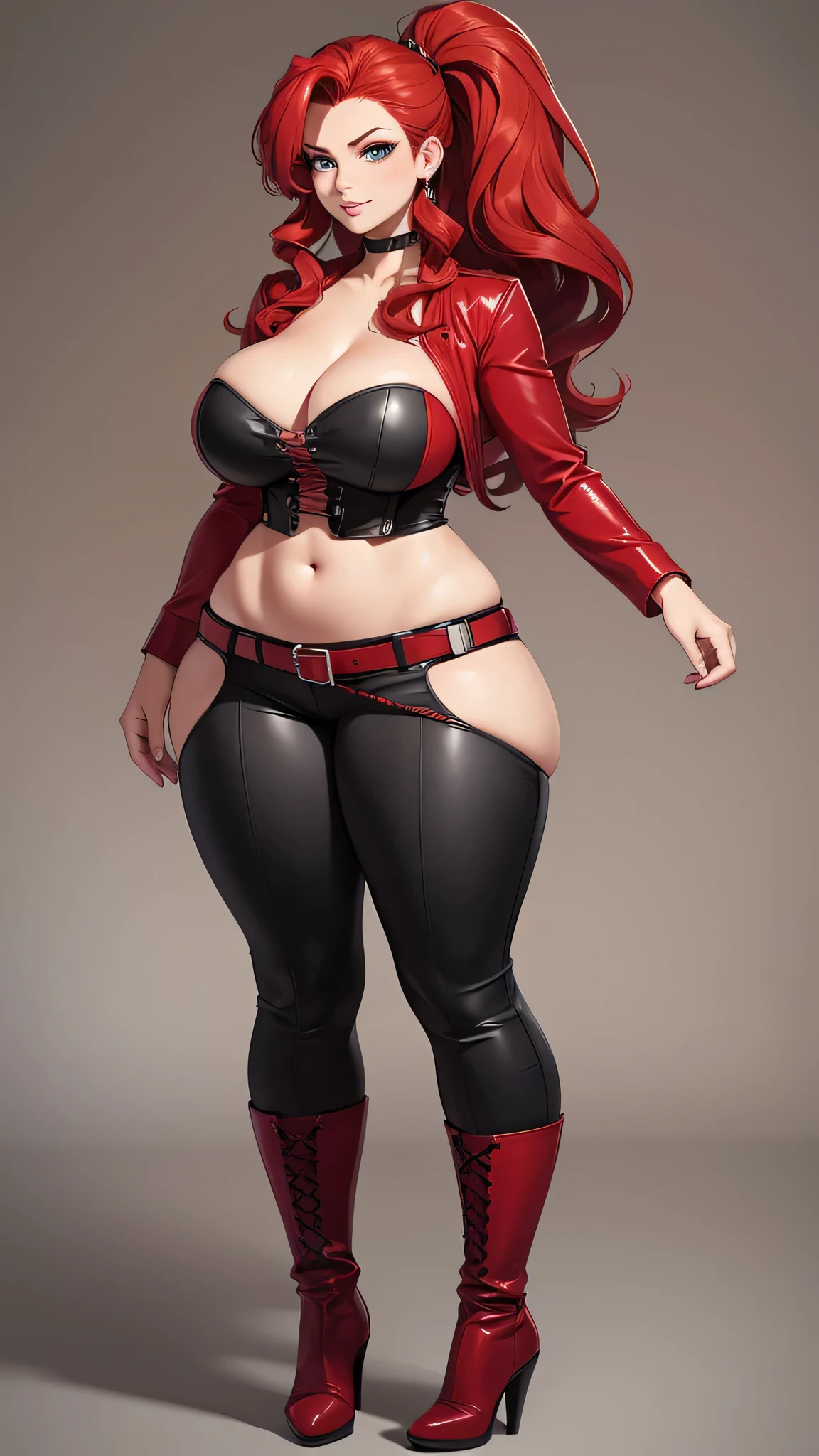 Sexy Hermaphrodite, Plump, pursed lips, Smooth Skin, Blonde with bangs..Crystal blue eyes with smoky eyeshadow and black eyeliner, Black semi-matt lipstick, Dark Skin, A frivolous, proud smile, Red hair.Full body image、Plain white background、Red thigh-high boots with red stiletto heels.Red harness.Full body angle、seat、BDSM、Pin-up girl style