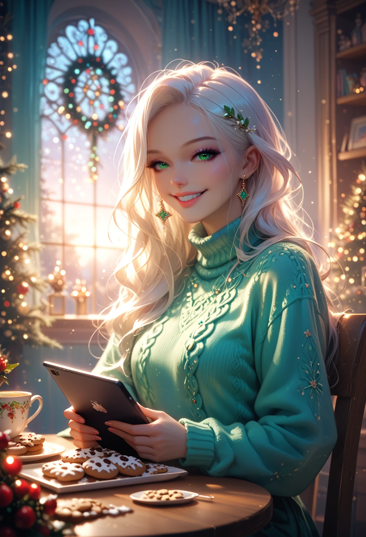 Beautiful Girl, with white long hair, With Beautiful Big Green Eyes, Holds a tablet in his hands, something is drawing on it, Looks thoughtfully in a warm sweater, slight smile, Sits at a table on which lie various delicious snacks, Cookies and Gingerbread, Everything is neat and beautiful, Maximum Detail, masterpiece, Maxim of Quality, bright colors, Game of Shadows, Soft light, In a beautiful room,