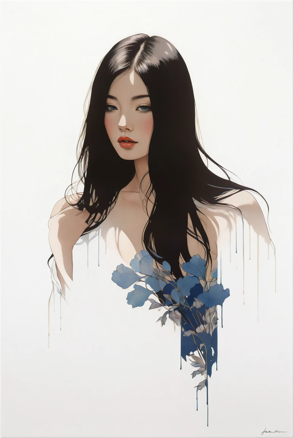 movie poster art for sensual illustration of an elegant , retro and vintage ,silky flower around body, matte painting, by Hannah Dale, by Harumi Hironaka, extremely soft colors, vibrant, pastel, highly detailed, digital artwork, high contrast, dramatic, Blue and white porcelain