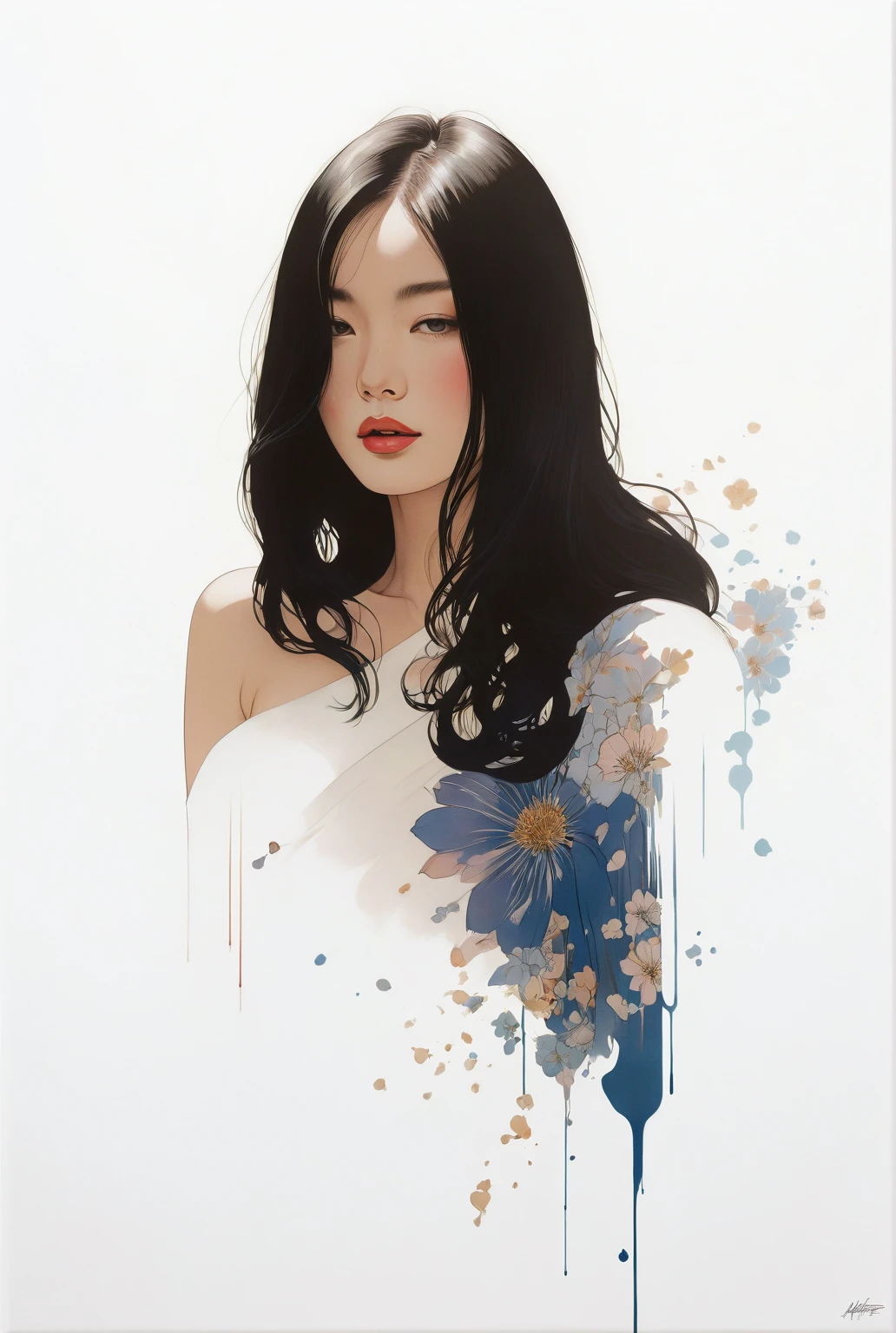 movie poster art for sensual illustration of an elegant , retro and vintage ,silky flower around body, matte painting, by Hannah Dale, by Harumi Hironaka, extremely soft colors, vibrant, pastel, highly detailed, digital artwork, high contrast, dramatic, Blue and white porcelain