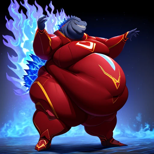 (solo:1.3) fat muscular (godzilla:1.3), (cocky grin:1.4), (emitting violet-blue flames:1.6), (elegant red superhero suit:1.8) (armored suit:1.6), (obese belly:1.8), (hands lifted up:1.3), (legs spread:1.5), (bedroom:1.5) (standing on floor:1.4), 8k, 1080P, masterpiece