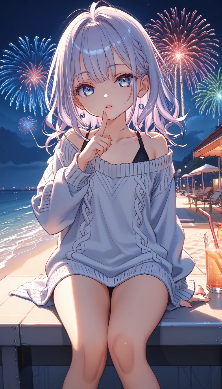 score_9, score_8_up, score_7_up, score_6_up, score_5_up, score_4_up, BREAK cool beauty, glossy silky hair, captivating eyes, amorous and lewd expression, right index finger on lips, wearing shoulderless loose knit sweater, perfect proportions, BREAK night, open cafe on the beach, sitting, background huge full moon and huge fireworks, BREAK delicate and dynamic textures, contrasts of light and shadow, 2.5D, artistic photography, hyper realistic, digital graphic CG, BREAK ultra detailed, absolutely resolution, best quality