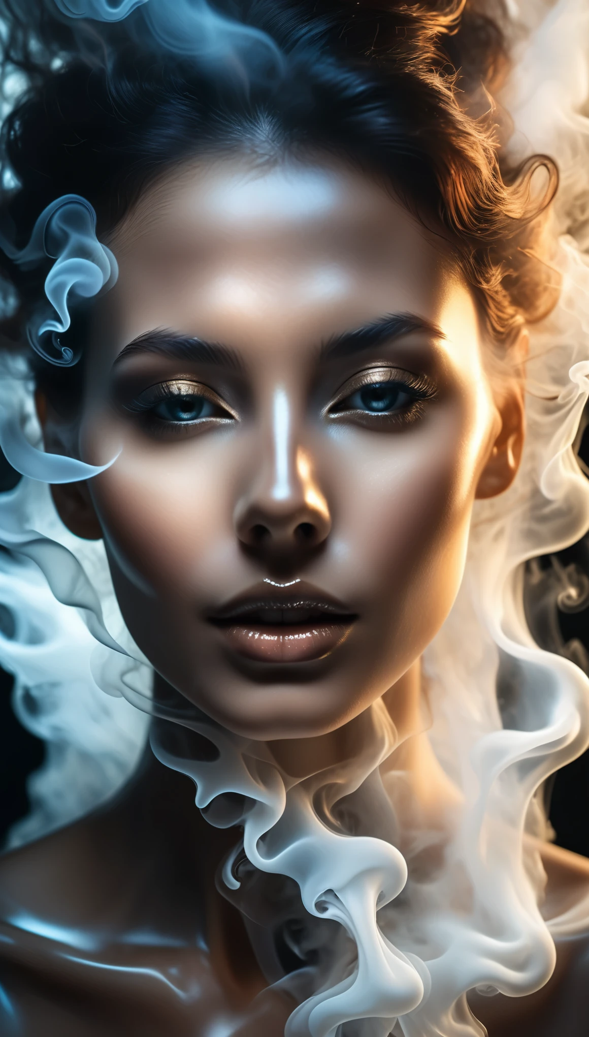 , Ultra detailed Ultra realistic portrait of a ghost-like form of beautiful woman surrounded by steam , backlit, smoky,  work of beauty and complexity, 8kUHD,  flowy 
translucent,  work of beauty and awe, steamy, backlit, alberto seveso style, close-up , iridescent glow 