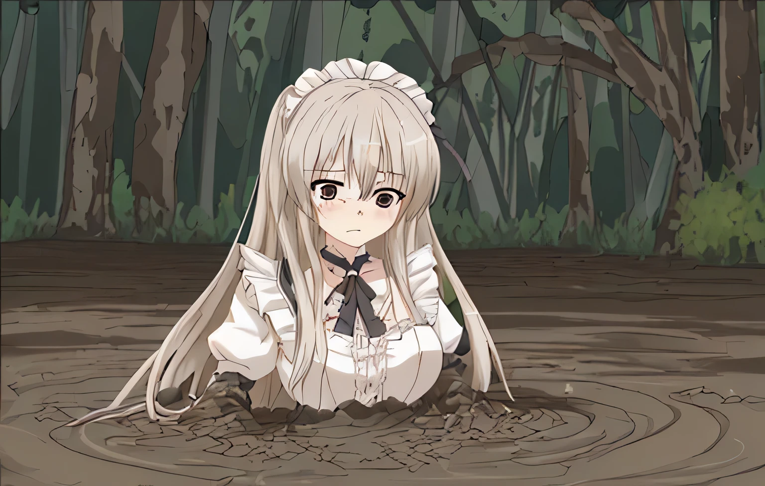 best quality,ultra-detailed illustration anime style,1girl,maid outfit,sinking in brown mud,her body sank to her Breasts white long hair,determined expression,intense eyes,dynamic angle, her chest bigsize 4K resolution,muddytexture,muddy splashes,dramatic lighting,sinking effects,blurred background, sense of urgency,attention to detail,muddy surroundings,muddy clothes,desperation,perilous situation stuck mud effects her arms fell into mud her clothes and arms were covered with mud She was in pain because she was stuck in the mud and couldn't move. She was deep in the mud and fixed to her Breasts. She couldn't pull her arm out because it had fallen into the mud and was firmly secured. She couldn't get out of the mud because of the pressureher Breasts big wear maid outfit white long hair From the chest to the mud the rest is in the mudIt's on top of the mud from the chest and the rest is trapped in the mud. The arms are only on the shoulders, and the belief is trapped in mud