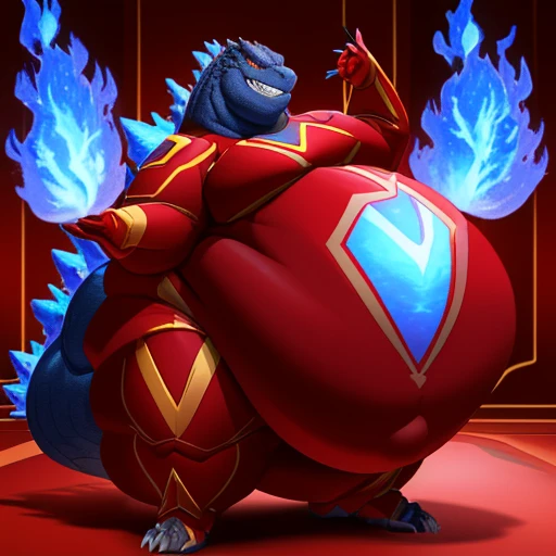 (solo:1.3) fat muscular (godzilla:1.3), (cocky grin:1.4), (emitting violet-blue flames:1.6), (elegant red superhero suit:1.8) (armored suit:1.6), (obese belly:1.8), (hands lifted up:1.3), (legs spread:1.5), (bedroom:1.5) (standing on floor:1.4), 8k, 1080P, masterpiece