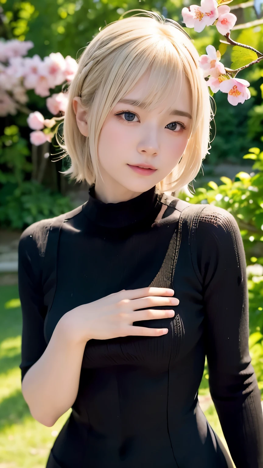 One Girl、Distinctive hairstyle、Blonde Hair、(((Fatigue)))、Small eyes、Fuller lips、(((１６)))、(Knitted dress、black tight dress:1.5)、Outdoor、Midsummer Sunshine、Summer Park、Cherry Blossoms、Someiyoshino Cherry Blossoms、Best Quality、Ultra-high resolution、Very detailed、masterpiece:1.5、８ｋ、Film Category、Perfect Anatomy、Cinematic Lighting、50ｍｍShooting with a lens、Professional Photographer、