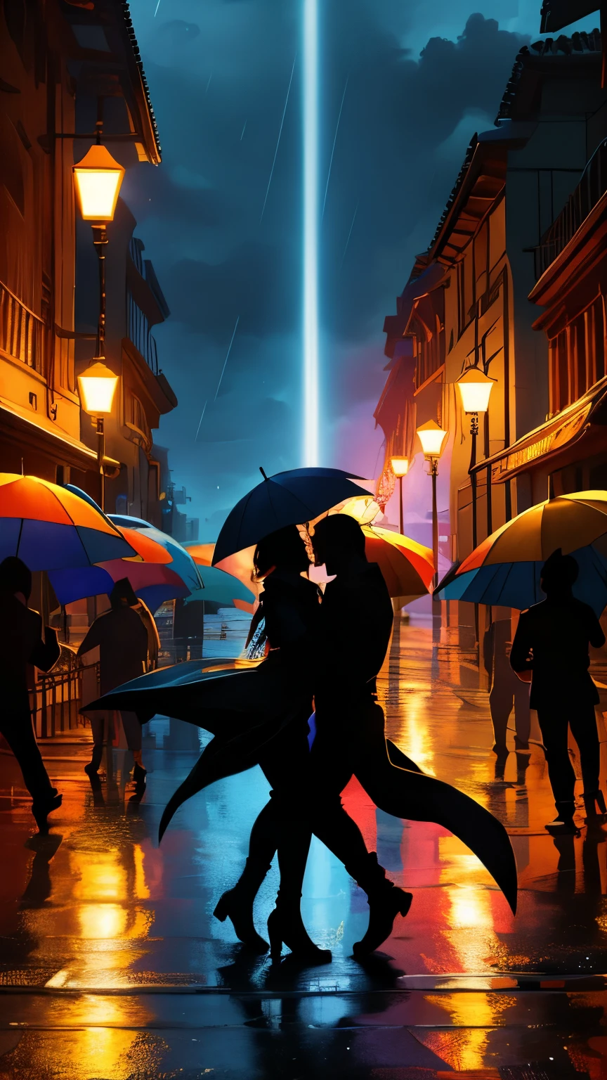 (best quality,8k,highres, masterpiece:1.2), ultra-detailed, HDR, UHD, studio lighting, ultra-fine painting, sharp focus, physically-based rendering, extreme detail description, professional, vivid colors, concept artists, warm color palette, dramatic lighting,(Pouring rain), men dancing with umbrellas, blue sky through the clouds, rainbows in the sky, (silhouette art)