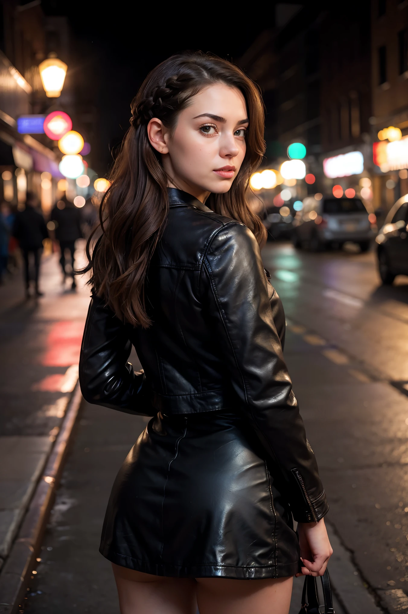 masterpiece, best quality, (lifelike:1.4), beautiful woman, from behind, round ass, short brown braided hair black leather jacket, medium shot, high resolution, 4k photos, high resolutionolution, In the style of Gregory Crewdson, photorealism, surreal, Bokeh, Canon 5D Mark II, sigma 85mm f/1.4, ISO 400, 1/160 seconds, medium format printing, Inspired by Darren Allen