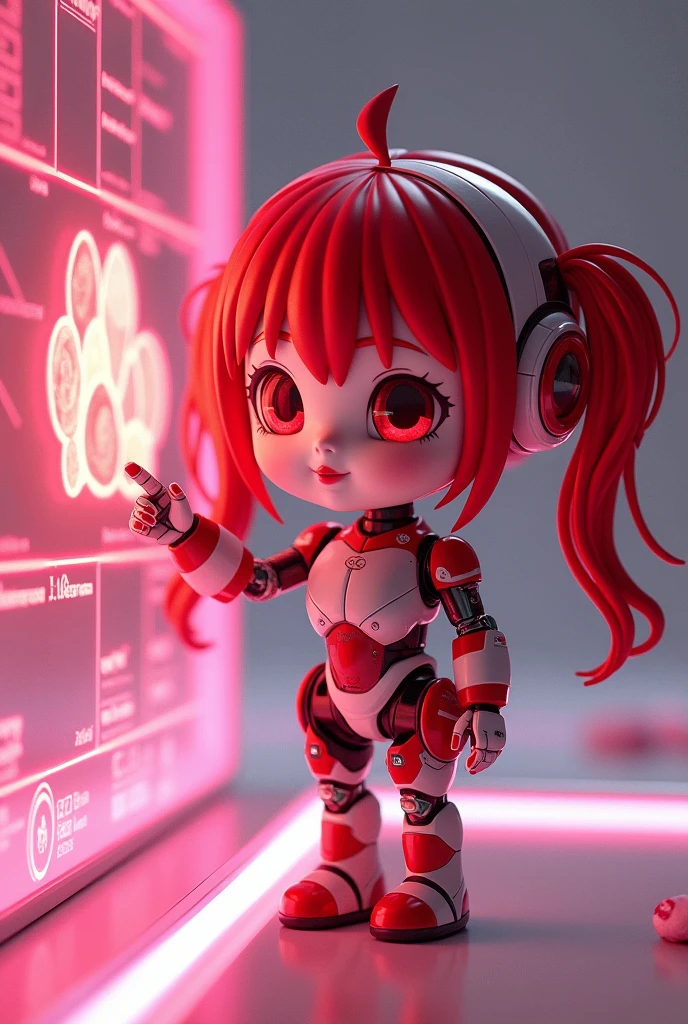 Ultra-high-resolution 3DCG concept art.A tiny android girl is surrounded by a cyberspace holographic interface.、[Ultra Chibi:1.3]、The girl is a red-haired girl with twin tails.、Cute red eyes and lips、Detailed beautiful white realistic skin、From the neck down, everything is mechanical.、Red and white detailed machine body、Beautiful clear pink neon lights are shining from the body.、Pink holographic interface、The girl points to a bunch of sweets projected on a hologram and smiles with pride.、Fairy tale、Cowboy Shot.High quality 3D rendering、Dramatic Lighting、Professional photo resolution、