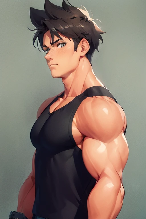 1Man, High Resolution, Anime Style, Super Muscular, Short Hair, Brown Hair, Messy Hair, Spiked Hair, Blush, Looking at viewer, Solo, Best Quality, White background, From Side, Gray Eyes, Black tanktop, Gray shorts, Simple background, Shy, 