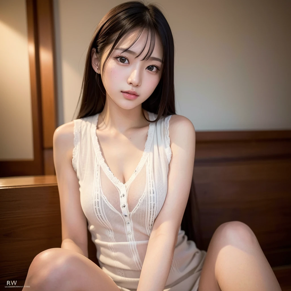 Close-up of a woman sitting on a bed in a skirt, Shoko Nishinomiya, young sexy gravure idol, wearing a strict suit, smooth white tights suit, young and beautiful gravure idol, delicate gravure idol, Japanese model