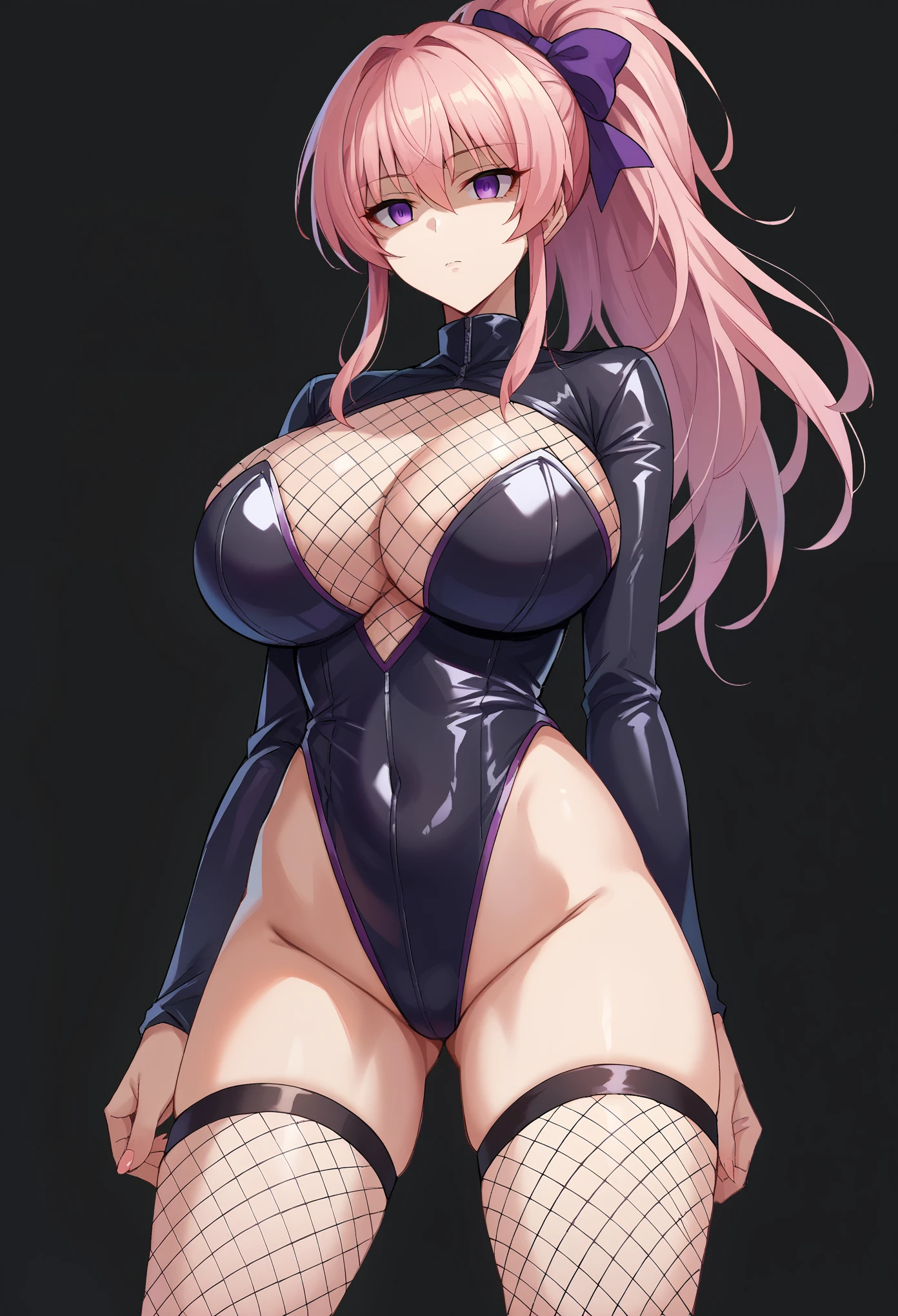 score_9, score_8_up, score_7_up, score_6_up, score_5_up, score_4_up, BREAK source_anime,mika jougasaki, hair bow, long hair, pink hair, ponytail, purple eyes,(glowing eyes), Huge breasts, (evil depravity),((offer a prayer)), empty eyes,Expressionless, (Black latex high leg suit), Fishnet stockings, fishnet tops, black background, simple background,