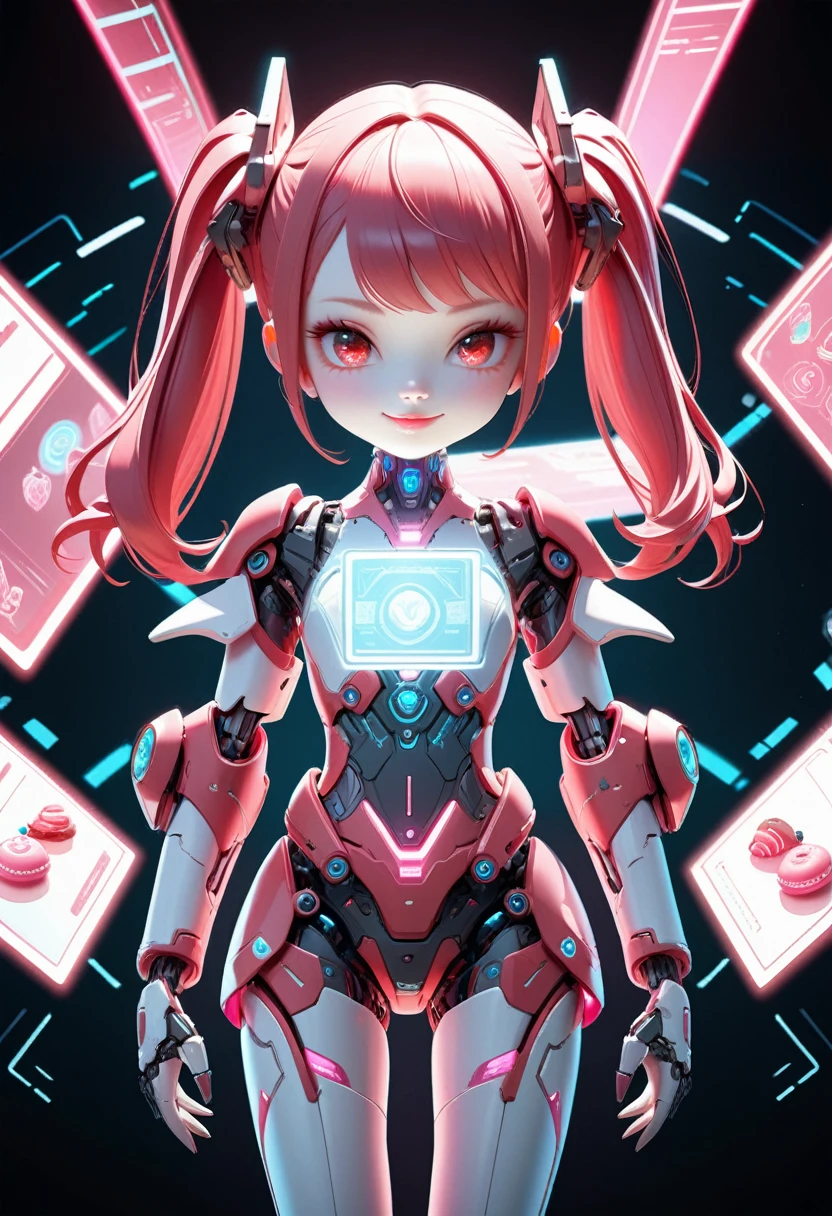 extremely detailed ultra-cute tiny android girl in cyber space holographic interface, hyper petite, redhead twin tails girl, beautiful detailed red eyes and lips, extremely detailed beautiful pale skin, mechanical body from neck down, detailed red and white mechanical body, clear pink beautiful neon glowing from body, pink holographic interface, girl pointing at hologram sweets with a smug smile, fairytale, cowboy shot, high quality 3D rendering, dramatic lighting, professional photography resolution