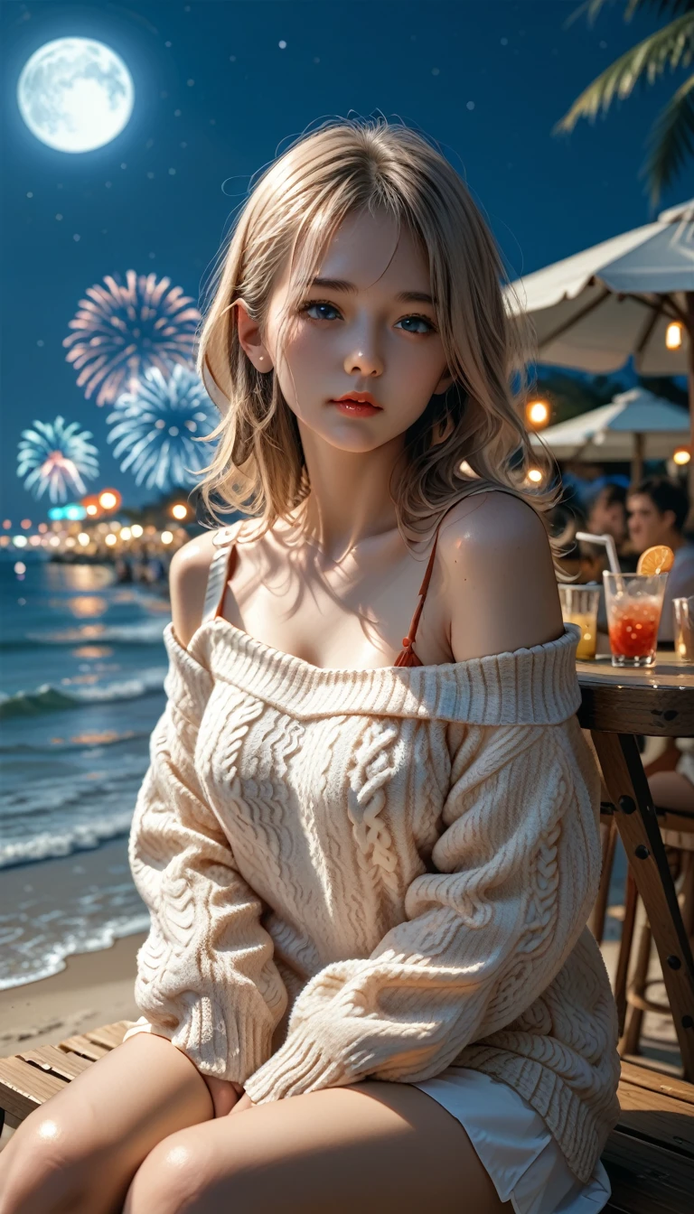 score_9, score_8_up, score_7_up, score_6_up, score_5_up, score_4_up, BREAK cool beauty, glossy silky hair, captivating eyes, amorous and lewd expression, wearing shoulderless loose knit sweater, perfect proportions, BREAK night, open cafe on the beach, sitting, background huge full moon and huge fireworks, BREAK delicate and dynamic textures, contrasts of light and shadow, 2.5D, artistic photography, hyper realistic, digital graphic CG